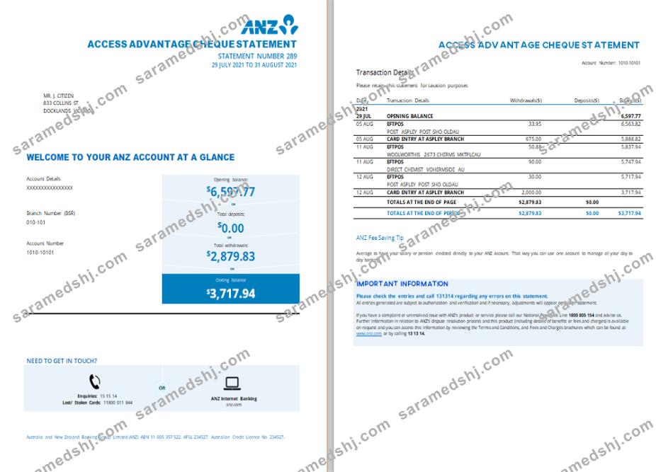 Australia ANZ proof of address bank statement template.1